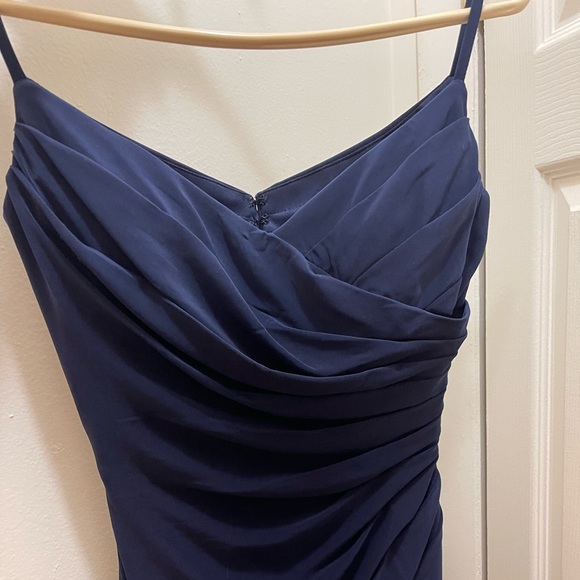 LA FEMME V-Neck Navy Blue Ruched Open Back Jersey Dress - Picture 3 of 5